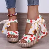 Sandaler Summer Women Platform Woman Print Bow Wedges 2023 Ladies Lace Up Shoes Female Casual Elegant Footwear For