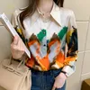 Women's Blouses Shirts H Han Queen Office Lady Blusa Turndown Collar Vintage Print Tops Elegant Chiffon Women Long Sleeve Casual 230131