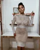 Casual Dresses High Quality Celebrity Khaki Long Sleeve Pearl Beading Hollow Out Bandage Dress Elegant Club Party Vestidos