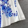 Casual Jurken 2023 Lente Dames Retro Chinese Stijl Blauw En Wit Porselein Print Single Breasted Met Riem Maxi Lange Dres304f