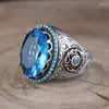 Wedding Rings Vintage Trendy Women Ring Handmade Carved Turkish Signet For Men Creativity Inlaid Blue Zircon Party Punk Jewelry