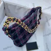 22K Womens Wool Tweed Hobo Underwarm Bags Spring Purple Handbags Gold Metal Hardware Shoulder Purse Outdoor Sacoche Designer Cosmetic Case Pocket 24x17cm