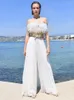 Casual Dresses Luxury Prom Gowns Women White Fairy Dress Strapless Furry Top Gold Beading Sashes Maxi Long Chiffon Celebrity Evening Part