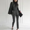 Women's Two Piece Pants Spring Autumn 2 Trouser Suits Elegant Women Temperament Formal Casual Striped Cloak Belt Coat Blazer Slim Set Outfit 230131