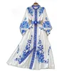 Casual Dresses 2023 Spring Women39s Retro Chinese Style Blue and White Porslin Print Single Breasted With Belt Maxi Long Dres1885342