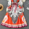 Spring Nowa duża huśtawka długa sukienka w stylu retro pałac nadruk klapa pojedyncza piersi francuska sukienka