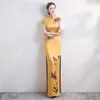 Etniska kläder sexiga tryck blommor mandarin krage qipao lady satin long cheongsams elegant vintage knapp kinesisk klänningar klänning överdimensionerad