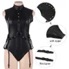 Women's Jumpsuits Rompers Comeondear Women Pu Leather Bodysuits Sleeveless Mock Neck Turtleneck with Zip Black Sexy Costumes R80876 230131