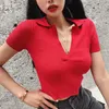 Women's Polos DAYIFUN Sexy Knitted Slim T-shirts Summer Fashion Women Cropped Tops Short Sleeve V-neck Y2K Harajuku Solid Pullovers Basic