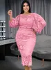 Plus size Dresses Size Evening 4XL O Neck Lace Lantern Sleeve Hollow Out Patchwork White Pink Gowns for Ladies Event Cocktail Outfits 230131