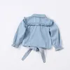 Kinderen shirts zomer shirt katoenen meisjes kleding casual ruches denim blouse kinderen peuter babymeisjes lange mouw tops kinderen uit het afblazen lente 230130