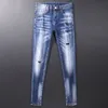 Męskie dżinsy mody streetwear retro niebieskie elastyczne szczupły dopasowanie Rozgrane Painted Designer Hip Hop Denim Pencil Pants Hombre 230131