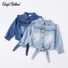 Kinderen shirts zomer shirt katoenen meisjes kleding casual ruches denim blouse kinderen peuter babymeisjes lange mouw tops kinderen uit het afblazen lente 230130