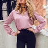 Kvinnors polos Sexig V Neck Office Ladies Bluses Shirts Women Elegant Satin Blouse Casual Solid Long Sleeve Spring Summer Female Party Tops