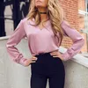 Polos féminins Sexy V Neck Office des dames Blouses Shirts Femmes Elegant Satin Blouse Solid Solid Long Sandon Sémoir Femme Femme Tops