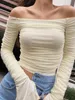 Dames t -shirt dulzura mesh patchwork vrouwen lange mouw crop t shirt ruches off schouder bodycon sexy elegante streetwear lente zomer 230131