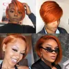 Perruque coupe lutin droite cheveux humains gingembre orange couleur perruques pour les femmes T partie dentelle transparente courte Bob307V