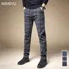 Mäns byxor i Autumn Winter Classic Plaid Work Stretch Pants Men Business Straight Fit Gray Black Blue Korea Tjock Casual Trousers Male 230131