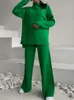 Survêtements pour femmes pantalons tricotés costume 2 deux pièces ensembles tenues vert manches longues tricot pantalon large femme costumes décontractés 230131