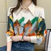 Women's Blouses Shirts H Han Queen Office Lady Blusa Turndown Collar Vintage Print Tops Elegant Chiffon Women Long Sleeve Casual 230131