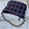 22K Womens Wool Tweed Hobo Underwarm Bags Spring Purple Handbags Gold Metal Hardware Shoulder Purse Outdoor Sacoche Designer Cosmetic Case Pocket 24x17cm