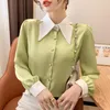 Blusas femininas 2023 Spring Color Block Bloco Bowtie Collar elegante Office Lady Lady Mulheres Camisa Plus Tamanho de Manga Longa Chiffon Chiffon Chemise