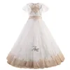 Girl Dresses Floor Length Lace Appliqued Tulle Short Sleeves Flower Girls Dress Performance Dance Gown