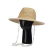 Wide Brim Hats King Wheat Jazz Top Flat Roof Pearl Chain Decorate Straw Women's Sun Beach Casual Outdoor Breathable Summer Stage Cap