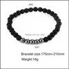Beaded Strands Fashion 2 Pcs 6/8 Mm Dl Polished Black Stone Beads Bracelet Matt Onxy Bead Steel Bracelets Set For Women Prayer Drop Otf2G
