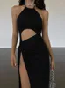 Casual Dresses Sexy Cut Out Backless Halter Split Maxi Dress Women Elegant Fashion Outfits Sleeveless Party Long