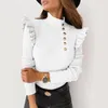 Koszulki damskie mody Turtleeck Długie rękaw Czarna biała koszula Kobiety 2023 Autumn Winter Buttons Ruffles Top Woman Tshirt