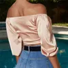 Camiseta feminina feminina fora do ombro de cetim blusas de seda curta camisas de arco -bowknot de manga longa lanterna de verão topo de verão um tamanho 4colors 230131