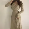 Casual Dresses JSXDHK Chic Fashion Autumn Winter Knitted Sweater Dress Elegant Women Pink V Neck Lace Up Long Sleeve Pleated Midi Vestidos