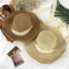 Brede rand hoeden stro geweven opvouwbare vrouwelijke zomer zonnescherm vissershoed ketting tether floppy crochet strand vakantie sunhat