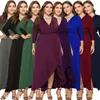Casual klänningar 2023 Autumn Elegent Women Causal Polyester V-Neck långärmad vanlig fast klänning