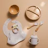 Cups Dishes Utensils 7Pcs Wooden Feeding Tableware Sets Children's Bamboo Dishes Baby Feeding Dishes Spoon Fork Sets Bamboo Plate Bowl for Kids 230130