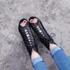 Chaussures habillées à lacets sandales talons 9CM femmes été 2023 tendance noir Sexy Peep Toe bottes mode tissu talons aiguilles Jazz danse femme