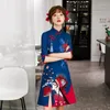 ملابس عرقية نساء على الطراز الصيني Cheongsam Fashion 2023 الأكمام الوسطى فستان نحيف محسّن فساتين طباعة الحفلات