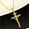 Pendant Necklaces 24K Gold Color Cross Chain Men Crucifix Necklace Women Jesus Yellow Filled Jewelry Drop Delivery Pendants Dhadf