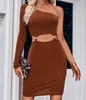 Casual Dresses Women 2023 Fashion Sexy Spicy Girl Autumn Solid Long Sleeve One Shoulder Hollow Wrap Hip Knitted Mini Dress