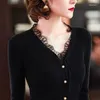 Femmes tricots mode noir dentelle bord panneau tricoté Cardigan pull 2023 femmes printemps automne mince veste hauts élégant femme tricots