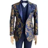 Mens Suits Blazers Floral Jacquard Tuxedo For Men Wedding Slim Fit Navy Blue and Gold Gentleman Jacket With Vest Pant 3 Piece Male Costume 230731