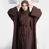 Etniska kläder muslimska kvinna set 2 stycke crinkle tyg ärmlös klänning kimono abaya dubai turk hijabi outfit casual islam ramadan (nej