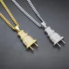 Iced Out Bling Men Micro Pave Full Rhinestone Plug Pendant Necklace Gold Silver Plated Charm Cuban Chain Hip Hop Jewelry241p