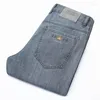 Jeans masculino (casual de negócios) Calças de brim de verão finas e retas de meia-idade lavadas