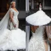 Lussuosi abiti da sposa a sirena con perle di cristallo Abiti da sposa Maniche lunghe Scollo a V Volant a strati Cappella Treno robe de soiree maria279z