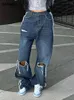 Jeans pour femmes trou femmes Y2k vêtements Vintage 90 s Baggy droite Denim pantalon taille haute rayure couture pantalons décontractés Streetwear