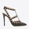 Varumärkesdesigner pekade Toe Women Studded Strappy Dress Shoes Pumps äkta lädernitar Sandaler Valentine High Heels