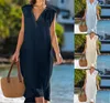 Vestidos casuais femininos primavera decote em V solto boho maxi vestido sexy sem mangas tanque verão praia simples algodão sólido longo