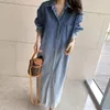 Casual Dresses 2023 Turn-turn Collar Button Denim Dress Shirt Maxi Long Sleeve Vestido Vintage Fall Spring Korean Femme Robe